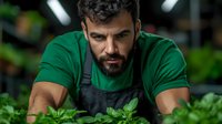 Young bearded male farmer in green shirt and apron working with fresh herbs in modern greenhouse. Professional agriculture and organic farming concept.