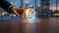 Businessman hand touching glowing digital padlock icon above wooden desk with blurred city skyline at dusk, representing cybersecurity and data protection technology.