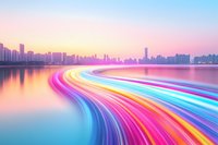 Vibrant light trails curve along waterfront with modern city skyline silhouette against pink and purple sunset sky, creating dynamic motion effect with neon colors.