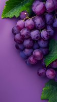 Fresh purple grapes with green leaves on purple background, macro shot showing juicy texture and natural shine. Suitable for wine and food industry marketing.