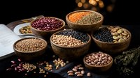 Assorted legumes and grains in wooden bowls on dark surface with warm lighting. Healthy protein sources for cooking and nutrition concepts.