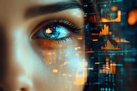 Close-up of woman's blue eye with digital technology overlay showing data visualization, artificial intelligence interface and orange glowing elements.