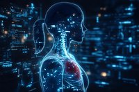 Glowing digital anatomical visualization showing human torso and head with highlighted lung area against dark background with data elements and blue light effects.