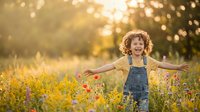 Happy young girl with curly hair in denim overalls dancing in wildflower meadow during golden hour sunset with arms outstretched expressing joy and freedom.