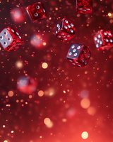 Red translucent dice floating on dark background with glowing bokeh lights and particles creating magical casino atmosphere for gambling concepts.