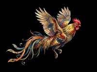 Ornate rooster with golden feathers and flowing tail isolated on transparent background, ready for t-shirt design, clipart, stickers, and print-on-demand products.