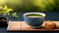 Traditional matcha green tea in ceramic bowl with bamboo whisk on wooden mat, fresh leaves and dark background with soft bokeh effect.