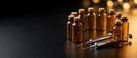 Medical vials and syringe on dark surface with warm lighting for pharmaceutical research and healthcare applications.