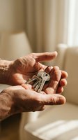 Senior hands holding house keys in warm sunlight, symbolizing homeownership, real estate transfer, property investment, and housing security for elderly.