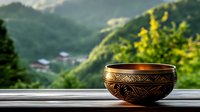 Ornate ceramic bowl with intricate geometric patterns sits on wooden surface against blurred mountain valley landscape background for home decor concepts.