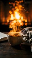 Steaming cup of hot beverage with golden flames rising from the surface, set against a warm bokeh fireplace background with cozy blanket nearby for winter comfort.