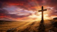 Christian cross silhouette against dramatic sunset sky over rolling hills landscape. Religious symbol for Easter, faith, spirituality and worship concepts.
