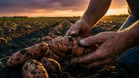 Farmer hands holding fresh harvested potatoes at sunset in agricultural field. Organic farming and sustainable agriculture concept for healthy food production.