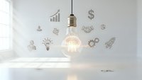 Glowing light bulb surrounded by business icons including charts, handshake, dollar sign and gears in modern white interior for innovation concepts.