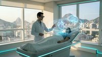Futuristic medical examination with holographic brain scan technology in modern hospital room overlooking city skyline at sunset.