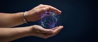 Protective hands cupping glowing Earth globe with purple and blue lights against dark background symbolizing environmental care and global protection.