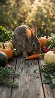 Adorable gray rabbit sitting among autumn harvest vegetables on rustic wooden table with warm golden sunlight filtering through garden foliage backdrop.