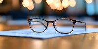 Classic eyeglasses frame on white paper with soft bokeh lights background creating atmospheric business or education setting, shallow depth of field.