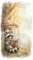 Cute raccoon reading book under mushroom in autumn forest watercolor illustration for children stories and educational materials.