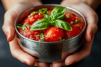 Fresh marinated tomatoes with basil leaves and herbs in metal bowl held by female hands against dark background, close up view of homemade appetizer.