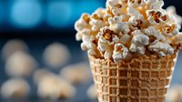 Fresh buttery popcorn served in a waffle cone against blurred blue background, perfect for movie night snack concepts.
