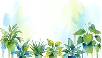 Watercolor tropical plants border with green leaves and blue splashes on white background for botanical design projects.