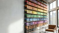 Modern home library with rainbow organized bookshelf displaying colorful book spines in gradient arrangement. Contemporary interior design with natural light.