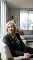 Confident senior businesswoman with gray hair sitting in modern office chair wearing dark suit jacket smiling at camera in bright contemporary workspace.