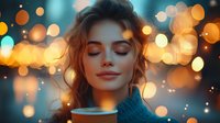 Young woman with closed eyes holding steaming cup against blurred bokeh lights background, expressing serenity and warmth in teal and orange tones.