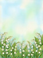 Watercolor lily of the valley border with white bell flowers and green leaves on soft blue-green background, copy space for greeting cards.