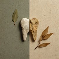 Natural dental care concept with tooth-shaped stone and dried leaves on earth tone background for holistic health and wellness branding.