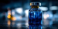 Blue glass medicine vial with gold cap on dark surface against blurred background, suitable for pharmaceutical or cosmetic product marketing.