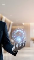 Businessman in dark suit holding glowing digital globe with connected network nodes, representing global technology, innovation, and worldwide business connectivity in modern office setting.