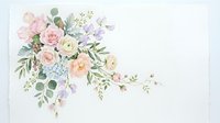 Watercolor floral arrangement with soft pink roses, eucalyptus leaves and delicate purple flowers on white background for wedding invitations and romantic designs.