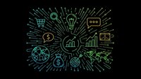 Business growth concept with glowing green line art icons radiating from center on dark background for presentations and marketing materials.