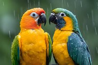 Two colorful parrots with vibrant orange and blue plumage sitting together in heavy rainfall, tropical birds getting soaked in natural weather conditions.
