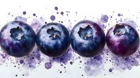 Fresh blueberries in watercolor style with purple paint splashes on white background for healthy food design and culinary projects.