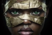 Striking close-up portrait of African woman with intense green eyes wearing metallic gold leaf mask makeup, dramatic beauty fashion concept on black background.