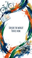 Watercolor travel poster with bicycle, passport, and vintage camera surrounded by colorful abstract brushstrokes and splashes. Explore the world concept for tourism and adventure marketing.