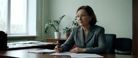 Professional middle-aged businesswoman in gray suit sitting at office desk, contemplating business decisions in modern corporate workspace environment.