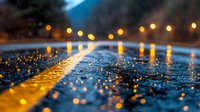 Raindrops on wet asphalt reflecting golden street lights create magical bokeh effect during evening rain, moody urban atmosphere with glowing light trails.