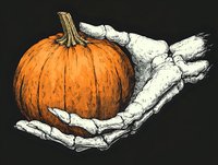 Skeletal hand holding orange pumpkin on black background. Halloween horror concept with bone fingers grasping autumn gourd for spooky seasonal designs.