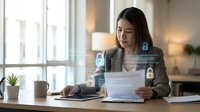 Young Asian businesswoman working with cybersecurity documents in modern office, digital security icons floating around papers and laptop for data protection.