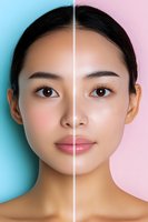 Split face portrait of young Asian woman showing skin care results with contrasting backgrounds in blue and pink tones, demonstrating beauty treatment effects.