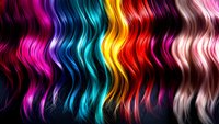 Vibrant wavy rainbow hair strands in multiple colors including pink, blue, yellow, red, and platinum blonde create dynamic pattern against black background.