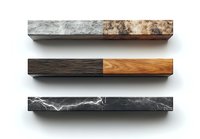 Three horizontal bars showcasing different material transitions: rusty metal to concrete, dark wood to light wood, and black marble with white veining, isolated on white background.