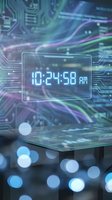 Digital clock display showing time on futuristic technology background with circuit board patterns and glowing neon lights for tech presentations.