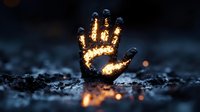 Glowing handprint on dark ground with magical light effect and bokeh sparkles, mysterious supernatural concept for fantasy and spiritual designs.