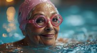 Senior African American woman with pink swimming cap and goggles smiling while enjoying water exercise in pool with sparkling bokeh lights in background.
