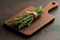 Fresh rosemary herb bundle tied with twine on wooden cutting board against dark background, dramatic side lighting creates mood for food photography.